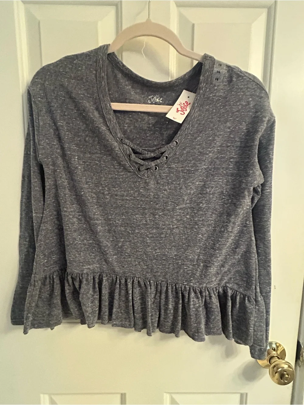 NWT-Justice Bluish/Gray Lace-Up Ruffle Hem Long Sleeve Top